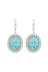 White Gold 1ctw Diamond Halo Oval Opal Dangle Earrings